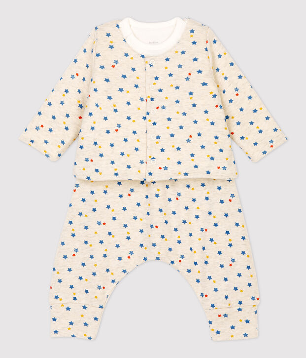 Ensemble 3 pi&egrave;ces imprim&eacute; &eacute;toiles multicolores b&eacute;b&eacute; fille en laine et coton biologique beige/multicouleur